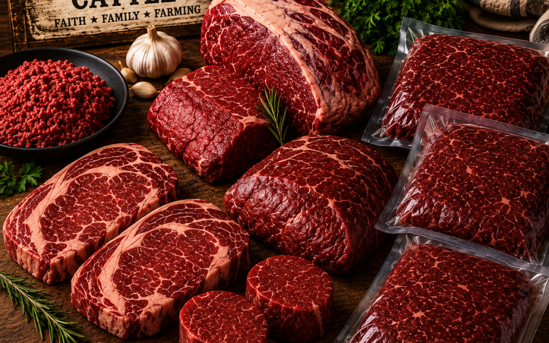 Assortment of fresh beef cuts and vacuum-sealed packages on a rustic wooden board