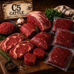 Assortment of fresh beef cuts and vacuum-sealed packages on a rustic wooden board