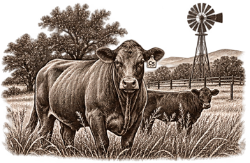 C5 cattle grazing on Texas pasture with a windmill and ranch landscape