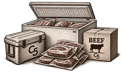Freezer, packaged beef, and cooler representing freezer space and take-home beef quantity