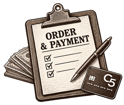 Clipboard, payment card, and cash representing C5 beef share ordering and deposits