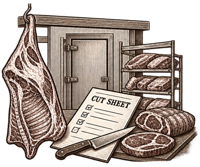 Cut sheet, beef cuts, and processing equipment representing custom processing and pickup